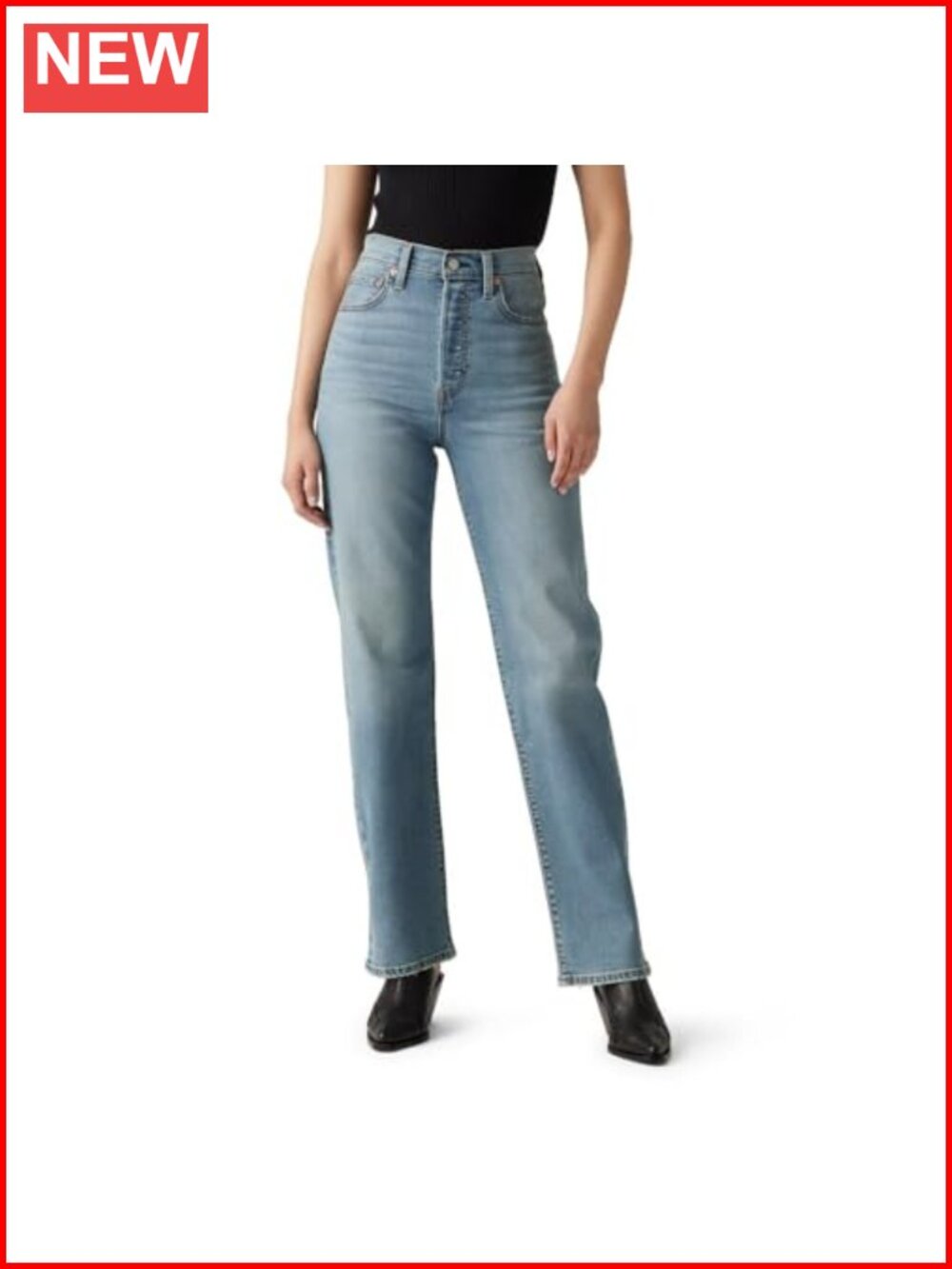 High Rise Straight Leg Full Length Jeans Slim Through Hip Casual Denim